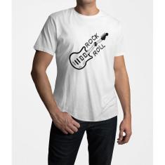 Camiseta ECF Masculina Guitarra Rock & Roll Manga Curta Branca Poliester