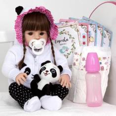 Boneca Bebê Reborn Panda Menina Cabelo Castanho - Cegonha Reborn Dolls