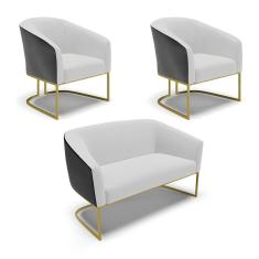 Namoradeira 2 Poltronas Industrial Dourado Stella Pto/Linho Cinza D03 - D`Rossi