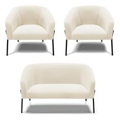 Sofá Namoradeira E 2 Poltronas Pé De Ferro Preto Stella Veludo D03 - D'rossi Cor Bege