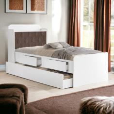 Cama Tamires Baú Branco com Auxiliar e Capitonê Nogal
