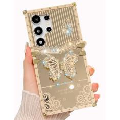 TRODINO Capa compatível com Samsung Galaxy S23 Ultra, design de borboleta brilhante de luxo com suporte dobrável para mulheres e meninas, capa protetora à prova de choque espelhada brilhante de 6,8