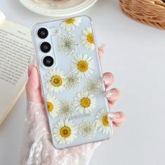 XIZYO Capa protetora à prova de choque para Samsung Galaxy S23 Plus com estampa floral transparente estética flores secas para mulheres meninas com glitter fino TPU bumper à prova de choque para S23