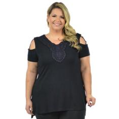 Blusa damasco plus size fenomenal, Preto, 48