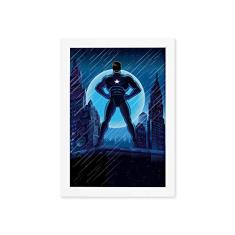 Quadro Super Heróis Geek Azul Estrela Moldura Branca 33x43cm