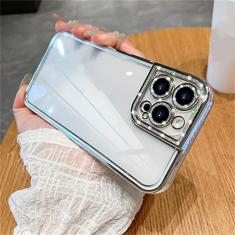 Capa protetora macia com strass e brilho de luxo para iPhone 14 13 12 11 Pro Max Mini XS X XR 7 8 Plus SE Plating Silicone Clear Cover, Silver, For iPhone14