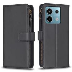 Capa com alça de pulso para Xiaomi Redmi Note 13 Pro 4G, 9 compartimentos para cartão, 1 carteira de couro com zíper, função de suporte, fecho magnético, capa para celular compatível com Redmi Note 13