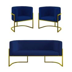 Kit 2 Poltronas + Sofá 2 Lugares Base De Metal Gold Balaqui Azul Marinho