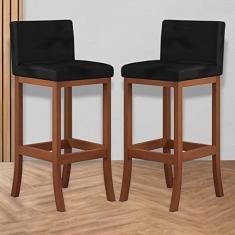 Kit 2 Banquetas Alta Encosto Estofado 38x98 Cm Espanha Madeira Maciça Castanho Suede Preto - CCS