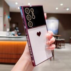 Capa de coração de amor de cor sólida para Samsung S23 Ultra S22 Plus S21 S20 FE A52 A24 A54 A14 A53 A23 A13 Capa transparente de proteção de lente, roxo profundo, para Note 20 Ultra