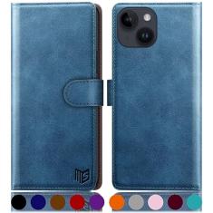 SUANPOT Design para iPhone 15 6,1 polegadas Kickstand capa protetora carteira com suporte de cartão de crédito RFID, capa flip Folio Book couro PU à prova de choque mulheres homens para Apple 15 capa