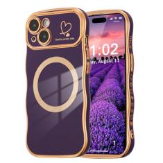 ZTOFERA Capa magnética para iPhone 14 de 6,1 polegadas, linda capa ondulada encaracolada com estampa de coração de amor, borda banhada de luxo, proteção total para câmera, à prova de choque, capa de
