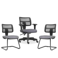 Kit Cadeira de Escritório Giratória e 02 Cadeiras Fixas Zip L02 Linho 