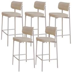Kit 05 Banquetas Alta Bar Cozinha Sala De Jantar Aço Branco Kaira C01 Linho Areia - Lyam Decor