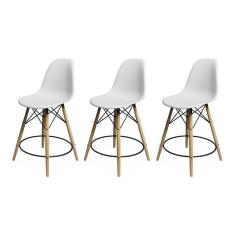 Kit 3 Banquetas Eames Eiffel De Madeira Assento Branco - Cor: Branco