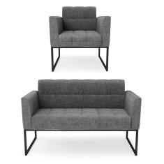 Kit 1 Sofá Namoradeira E 1 Poltrona Linho Base Metálica Industrial Preto - D`rossi Cor A26 Grafite