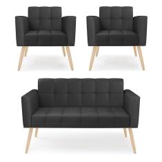 Kit 1 Sofá Namoradeira E 2 Poltronas Elisa Corino Pés Palito Natural - D`rossi Cor Preto