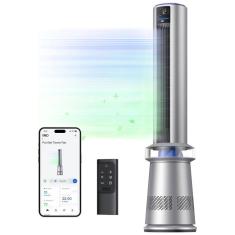 Ventilador de Torre e Purificador de Ar com Oscilação de 120°, 5 Velocidades, Baixo Ruído de 25 dB e Controle Remoto e APP, 110V, Dreo, Prata e Azul