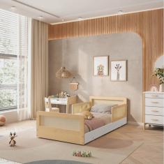 Cama Infantil Solteiro Montessoriano Lift em Madeira Maciça com Rattan 2 Grades Casatema