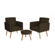 Conjunto 02 Poltronas Decorativas E 1 Puff Dallas - Marrom