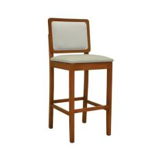 Banqueta Alta Bistrô Puffer Madeira Maciça Encosto e Assento Estofado - Amêndoa - Assento Estofado Linho Bege