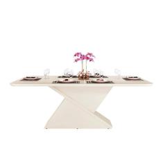 Mesa Para Cozinha Zafira + Tampo Madeirado Vidro Curvo 200x100cm Off White - Dj Móveis