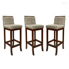 Kit 3 Banquetas Alta com Encosto Matelassê Nice Madeira Maciça Suede Bege CCS