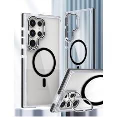 GANGANPRO Capa magnética compatível com Samsung Galaxy S24+ 5G, suporte de anel de câmera embutido, capa protetora transparente clássica à prova de choque para mulheres, homens, meninas, presente,