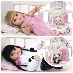Boneca Reborn Gêmeas Panda Morena Bailarina Loira 43 Itens - Cegonha R