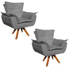 Kit 2 Poltronas Decorativas Sala de Estar Base Giratória Madeira Opla 