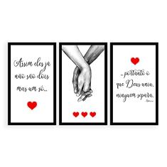 Kit 3 Quadros Decorativos Grande com MOLDURA Frases Mãos Dadas Casal Namorados