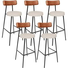 Kit 05 Banquetas Alta Bar Cozinha Sala De Jantar Milão L02 Couríssimo Camel Linho Cru - Lyam Decor