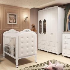 Quarto de Bebê com Berço Mini Cama com capitonê e Guarda Roupa 100 mdf Elô New Noah Móveis Peroba