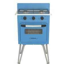 Fogão Portátil 2 Bocas a Gás GLP Venax Gemini Mesa Inox Acendimento Manual Azul com Forno 40L