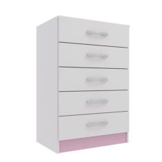 Cômoda Maxi 5 Gavetas em MDF com Puxador de Metal Branco e Rosa Laqueado para Quarto Infantil
