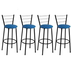 Kit 4 Banquetas Médias Preta com Encosto Assento Azul