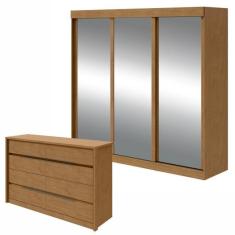 Conjunto de Guarda-Roupa 3 Portas 3 Gavetas Saion Plus Super Glass e Cômoda 8 Gavetas Urban Amêndoa Clean/Off White/Amêndoa Clean