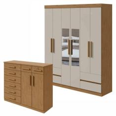 Conjunto de Guarda-Roupa 6 Portas 4 Gavetas Zeus com Espelho e Cômoda 8 Gavetas 2 Portas Toronto Amêndoa Clean/Off White