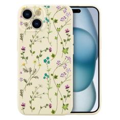 RALEAVO Capa floral para iPhone 15, capa de silicone líquido com lindo padrão de ramo de flores para meninas e mulheres, capa protetora de borracha macia fina para iPhone 15 (6,1 polegadas), bege