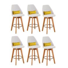 Kit 06 Banquetas Alta Maya Giratória Com Encosto Linho Bege Claro e Almofada Suede Amarelo - Aurora Line