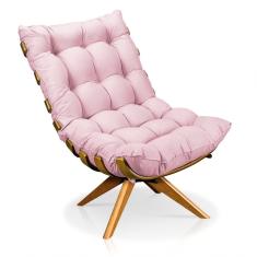 Poltrona Giratória Costela Suede Rosa Bebê Base Madeira