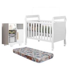 Quarto de Bebê com Berço Mini Cama com Colchão Slim e Cômoda 100% Mdf 1 Porta 3 Prateleiras Flocos Branco