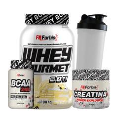 Kit Whey Protein Gourmet + Creatina 300g + BCAA 100 cáps + Coqueteleir
