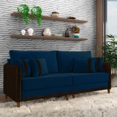 Sofá Living Montecarlo 2 Lugares Bipartido 192cm Pés em Madeira Veludo/PU Azul/Marrom G33 - Gran Be