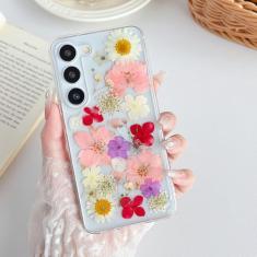 XIZYO Capa para Samsung Galaxy S23 Plus linda estampa floral transparente flores secas mulheres meninas glitter fino TPU capa protetora à prova de choque para S23 Plus, rosa roxo flor