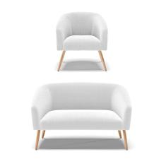 Kit 1 Sofá Namoradeira e 1 Poltrona Stella Bouclê Off White Pés Palito Natural - D`Rossi