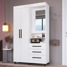 Guarda Roupa Solteiro Espelho 3 Portas 3 Gavetas Europa Faimec, Branco