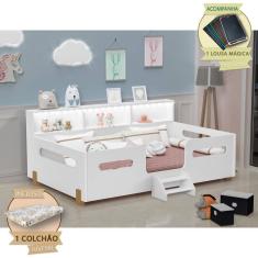 Cama Juvenil Mary com Escada Led e Nicho + Colchão Branco/Caramelo + Acompanha Lousa Mágica