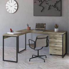 Mesa de Escritório em L Estilo Industrial 150x150cm com Gaveteiro Volante 4 Gavetas