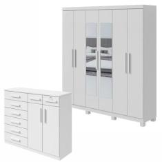 Conjunto de Guarda-roupa 6 Portas Jazz com Espelho e Pés e Cômoda Toro